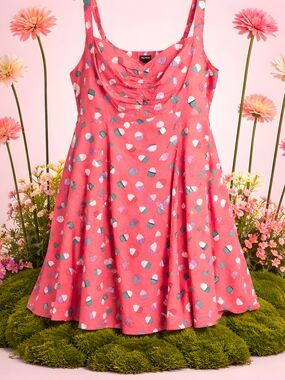 119 Torrid 3 3X Midi Poplin Fit & Flare Dress Coral Pink Cupcake Print Sundress